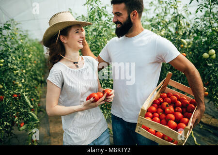 Jeune couple d'agriculteurs travaillant dans les émissions de Banque D'Images