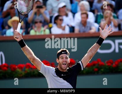 Indian Wells, Etats-Unis. 18 Mar, 2018. Juan Martin del Potro de l'Argentine célèbre après les hommes des célibataires dernier match face à Roger Federer de la Suisse au BNP Paribas Open de tennis à Indian Wells, États-Unis, le 18 mars 2018. Del Potro a gagné 2-1 et a réclamé le titre. Credit : Zhao Hanrong/Xinhua/Alamy Live News Banque D'Images