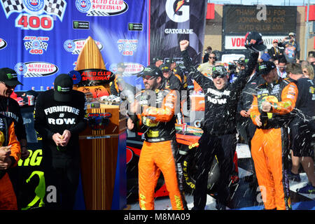 Fontana, CA, USA. Mar 19, 2018. NASCAR - L'Auto Club 400, Auto Club Speedway, Fontana, Californie, USA, le 18 mars 2018. Cette course est la cinquième manche de la pour l'année au cours de la NASCAR Cup Series. Martin Truex Jr. a remporté la course avec Kyle Larson terminé en deuxième place et Kyle Busch terminant en troisième. Busch a mené pendant la majeure partie de la course qui a eu 16 changements de plomb parmi sept pilotes. 300'' Samedi, qui a été remporté par le pilote Joey Lagano, dans le cadre de t Credit : ZUMA Press, Inc./Alamy Live News Banque D'Images