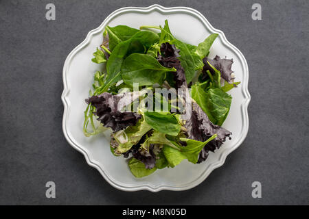 Salade de mesclun biologique non assaisonnés en plaque blanche bol, sur fond sombre, vue de dessus-diet food concept Banque D'Images