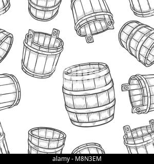 Graphic de barils de bière dans l'avant et une vue latérale. Vintage vector seamless pattern dessiné dans la technique de gravure. La page de coloriage Illustration de Vecteur