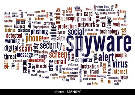 Les logiciels espions nuage de mots. Illustration de l'idée créative word typographie lettrage . Le rendu 3D. Banque D'Images