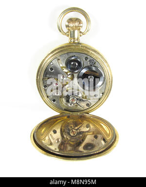 Vue de l'intérieur d'une montre de poche mécanique Hunter. Banque D'Images