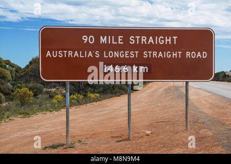 Panneau routier à la plus longue route droite en Australie. Banque D'Images