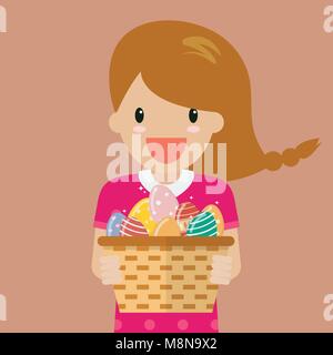 Cute girl holding panier plein d'œufs de Pâques. Télévision style design Illustration de Vecteur