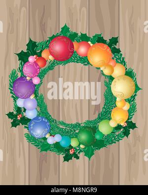 Un vecteur illustration en format eps 10 d'un plancher en bois avec une ambiance festive couronne de Noël décoré avec des boules colorées et Holly Illustration de Vecteur