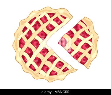 Un vecteur illustration au format eps d'une tranche de cherry pie avec une croûte dorée et conception de réseau avec des cerises rouges mûrs sur un fond blanc Illustration de Vecteur