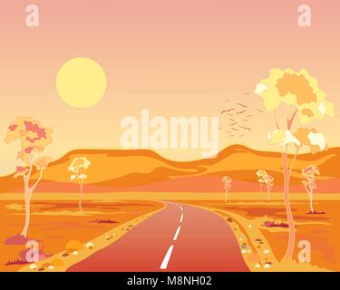 Un vecteur illustration en eps 10 format d'un paysage australien chaud au coucher du soleil avec la route goudronnée hills et d'eucalyptus sous un soleil jaune. Illustration de Vecteur