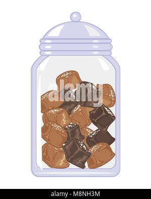 Un vecteur illustration au format eps d'un bocal de verre de caramel au beurre salé bonbons dans de petits carrés sur fond blanc Illustration de Vecteur