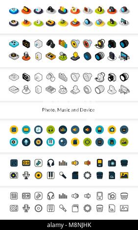 Ensemble d'icônes de styles - télévision isométrique et otline, colorés et les versions noir Illustration de Vecteur