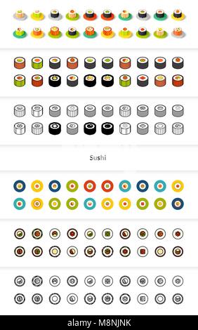 Ensemble d'icônes de styles - télévision isométrique et otline, colorés et les versions noir Illustration de Vecteur