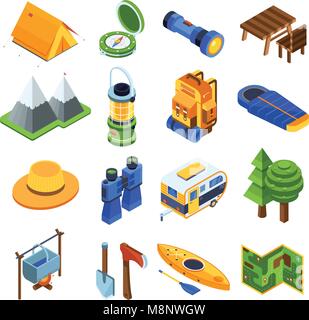 Camping et Randonnées Icônes isométrique Illustration de Vecteur