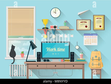 Illustration Vecteur de travail moderne dans la chambre. Espace de travail créatif avec de l'équipement, les éléments, les objets. Télévision minimaliste dans l'élégant quartier de colo Banque D'Images