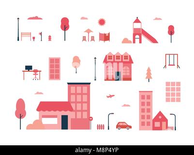 Les éléments de la ville - une télévision style design ensemble d'objets isolés Illustration de Vecteur