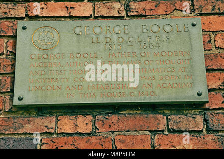 Plaque commémorative George Boole (Algebra booléenne, base de circuits logiques informatiques) à Lincoln, au Royaume-Uni Banque D'Images