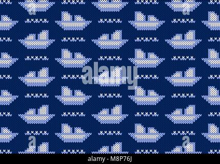 Le motif tricoté de navires et des vagues sur un fond bleu. Concept d'amour à l'autre sujet. Couture l'ornement. Modèle sans couture. Vector illustration. Illustration de Vecteur
