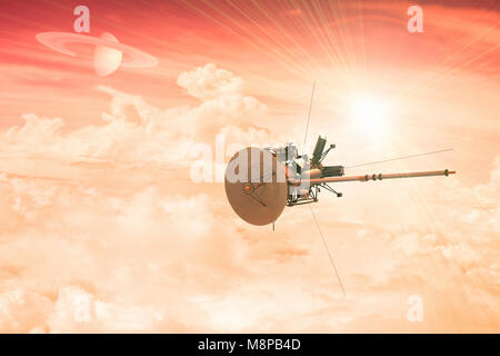 Le rendu 3D d'un engin spatial non habité entrant dans l'atmosphère d'une planète lointaine Banque D'Images