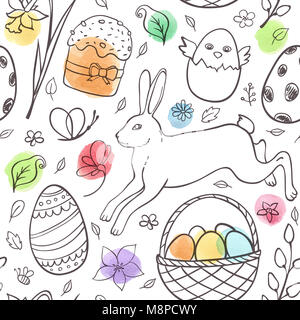 Doodle dessiné à la main avec motif transparent Pâques lapin et aquarelle blots sur fond blanc Banque D'Images