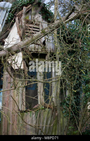 Vieille maison en bois abandonnés dans la forêt, Otford, dans le Kent. Banque D'Images