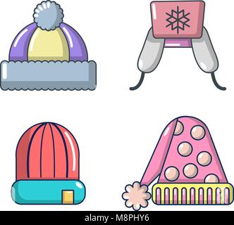 Bonnet hiver icon set, cartoon style Illustration de Vecteur