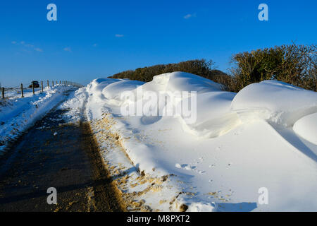 Littlebredy, Dorset, UK. 19 mars 2018. Météo britannique. Les amoncellements de neige bloquent la route près d'Littlebredy dans le Dorset. Crédit photo : Graham Hunt/Alamy Live News Banque D'Images