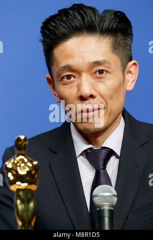 Maquilleur japonais Kazuhiro Tsuji assiste à une conférence de presse pour l'heure la plus sombre du film le 20 mars 2018, Tokyo, Japon. Tsuji a remporté le prix du meilleur maquillage et coiffure à la 90e cérémonie des Oscars pour son travail sur l'heure la plus sombre. Le film sortira au Japon le 30 mars. Credit : Rodrigo Reyes Marin/AFLO/Alamy Live News Banque D'Images