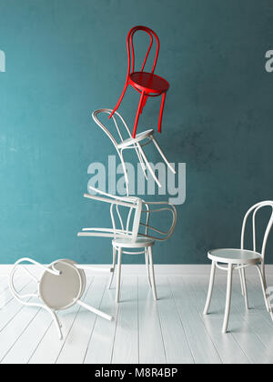 Chaises blanches et un rouge dans une chambre avec des murs verts et plancher en bois blanc.le rendu 3D, maquette défi Banque D'Images