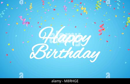 Joyeux anniversaire d'inscription. Livre blanc des lettres sur un fond bleu. Explosion de confettis multicolores. L'élément graphique de fête. Le texte blanc. Vector Illustration de Vecteur