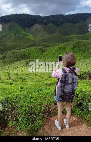 Vue arrière du female hiker photographing plateau récoltes avec smart phone Banque D'Images