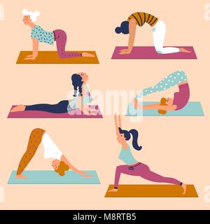 Fixer avec de belles femmes dans diverses poses de Yoga Illustration de Vecteur