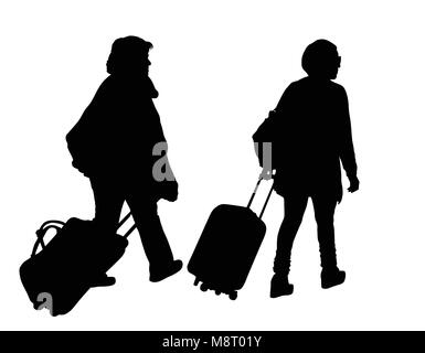 Deux silhouettes femme avec valise sur fond blanc, vector illustration Illustration de Vecteur