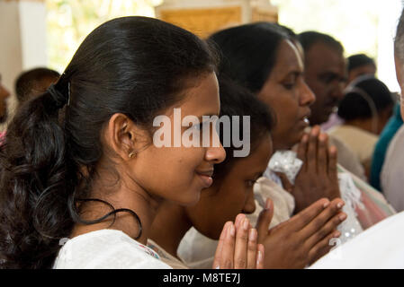 La population locale et aux pèlerins de prier et de donner des cadeaux de fleurs au Jaya Sri Maha Bodhi temple à Anuradhapura, Sri Lanka. Banque D'Images