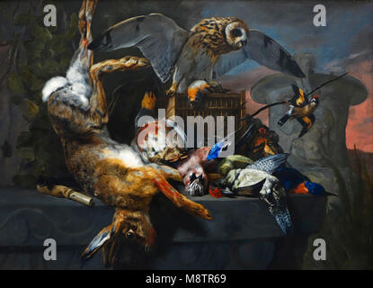 Nature morte avec un hibou et un trophée de chasse, 17e siècle huile sur toile toile de peintre flamand Pieter Boel / Peeter Boel de l'École d'Anvers Banque D'Images