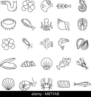 Poissons et fruits de mer ocean icons set style du contour, Illustration de Vecteur