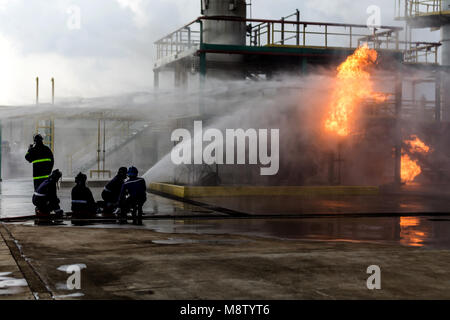 Les pompiers à l'aide de jet d'eau pour la lutte contre les incendies au feu nourri de la formation de groupe d'assurance. Le port d'un pompier tenue de feu pour la sécurité dans le danger Banque D'Images