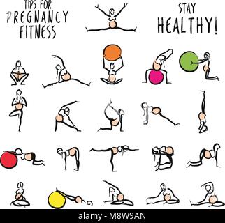 Jeu de remise en forme de yoga femmes enceintes doodles. Stickman dessiné à la main et d'icônes pour le marketing numérique et impression d'art mural. Illustration de Vecteur