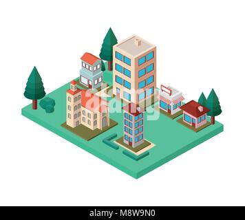 Mini arbres et bâtiments isométriques de voisinage Illustration de Vecteur