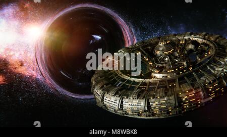 Station spatiale en orbite d'un trou noir géant (3d illustration de la science-fiction) Banque D'Images