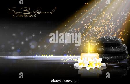 Nature morte à la fleur de printemps avec bougie blanche et pierres noires sur fond sombre. Spa vecteur modèle de publicité pour l'affiche, un dépliant, une brochure, etc. Illustration de Vecteur