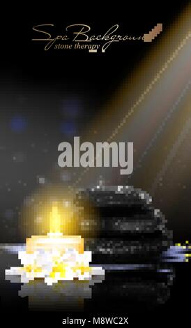 Nature morte à la fleur de printemps avec bougie blanche et pierres noires sur fond sombre. Spa vecteur modèle de publicité pour l'affiche, un dépliant, une brochure, etc. Illustration de Vecteur