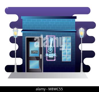 Musique classique barre la façade de l'immeuble avec néon label Illustration de Vecteur