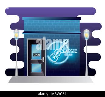 Musique classique barre la façade de l'immeuble avec néon label Illustration de Vecteur