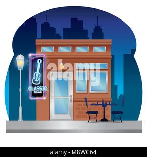 Musique classique barre la façade de l'immeuble avec néon label Illustration de Vecteur