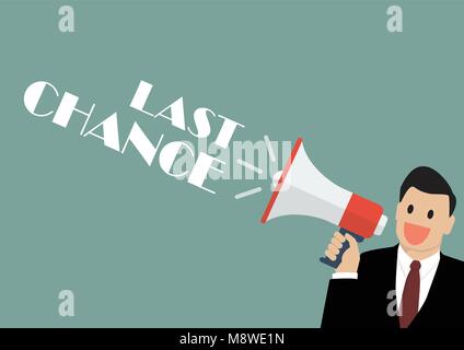 Businessman holding a megaphone avec word Dernière Chance. Vector Illustration Illustration de Vecteur