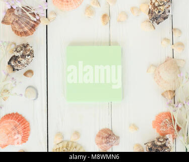 Green feuille vierge et coquilles sur fond de bois.Travel background Banque D'Images