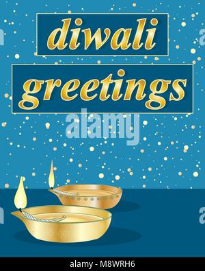 Un vecteur illustration en eps 10 format d'une carte de souhaits traditionnelle Diwali avec lampes dorées sur un fond bleu Illustration de Vecteur