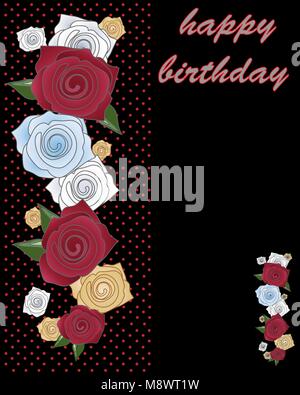Un vecteur illustration en eps 10 format d'une carte de voeux décorée de roses stylisées et les mots joyeux anniversaire sur fond noir Illustration de Vecteur