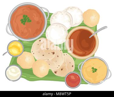Un vecteur illustration en eps 10 format d'un repas indien traditionnel avec du curry et du pain sur une feuille de bananier et fond blanc Illustration de Vecteur