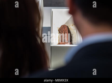 20 mars 2018, l'Allemagne, Munich : les journalistes face à un artefact Olmèque dans une boîte protectrice lors d'une conférence de presse par l'État bavarois Collection archéologique. Deux objets Olmèques autour de 3 000 ans ont été remis au gouvernement mexicain. Les objets avaient été pris hors du Mexique illégalement. Photo : Lino Mirgeler/dpa Banque D'Images