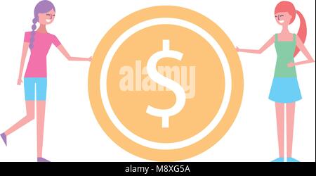 Jeune femme tenant deux grande pièce d'un dollar currency Illustration de Vecteur